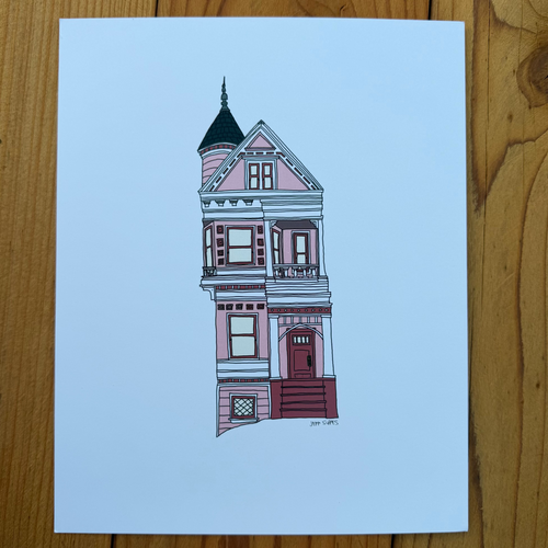 Illustration of a three-story pink victorian house